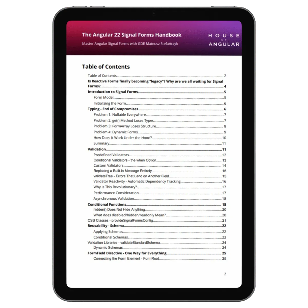 Table of contents of The Angular 22 Signal Forms Handbook, page 1