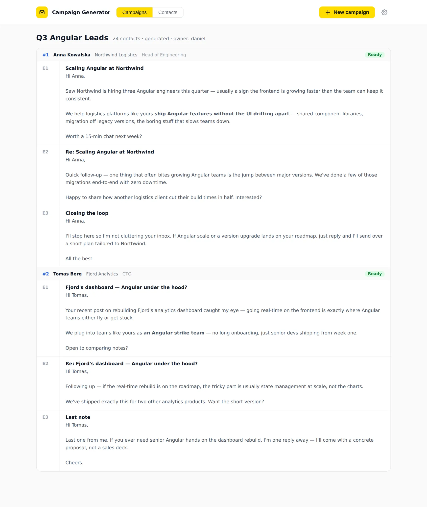 Generation results: ready-to-use, personalized sequences (E1/E2/E3) for each contact, editable directly in place. Sample data. Screen from an internal tool House of Angular built for our client with Claude Code.