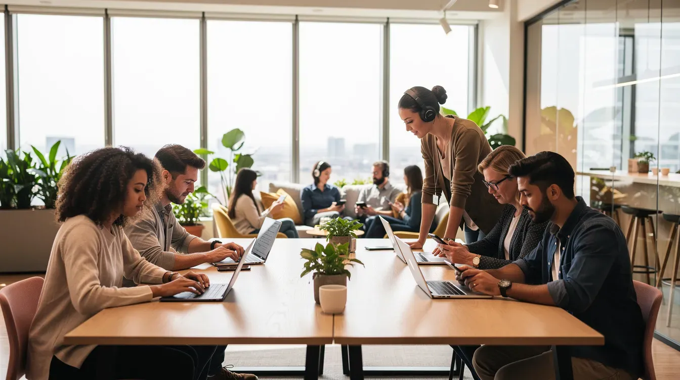 A diverse group of individuals is engaged with various digital devices, including laptops, tablets, and smartphones, in a brightly lit shared workspace. This scene emphasizes the importance of digital accessibility and the need for inclusive design to ensure equal access for all users, in line with web content accessibility guidelines (WCAG).