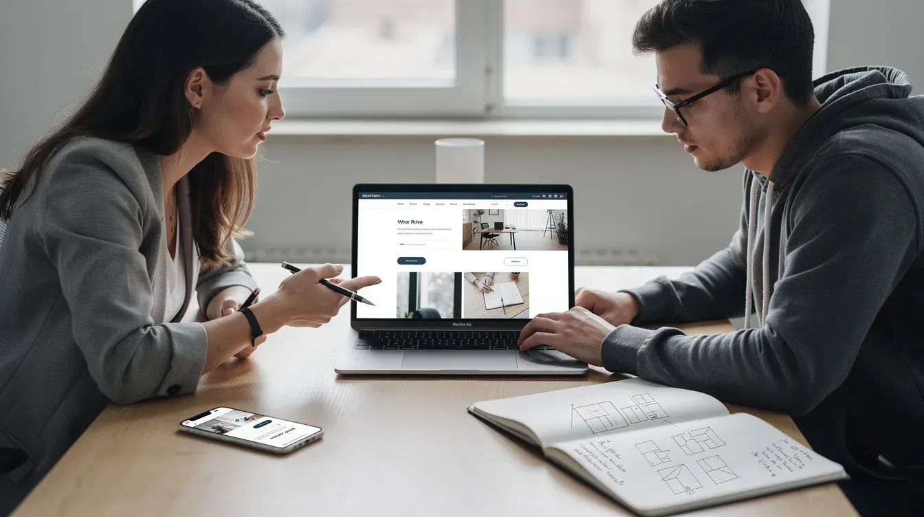 A designer and developer are collaborating on a laptop to review a web page, with a phone and notebook placed nearby. They are likely discussing web accessibility standards and the importance of meeting WCAG 2.1 success criteria to ensure equal access for users with disabilities.