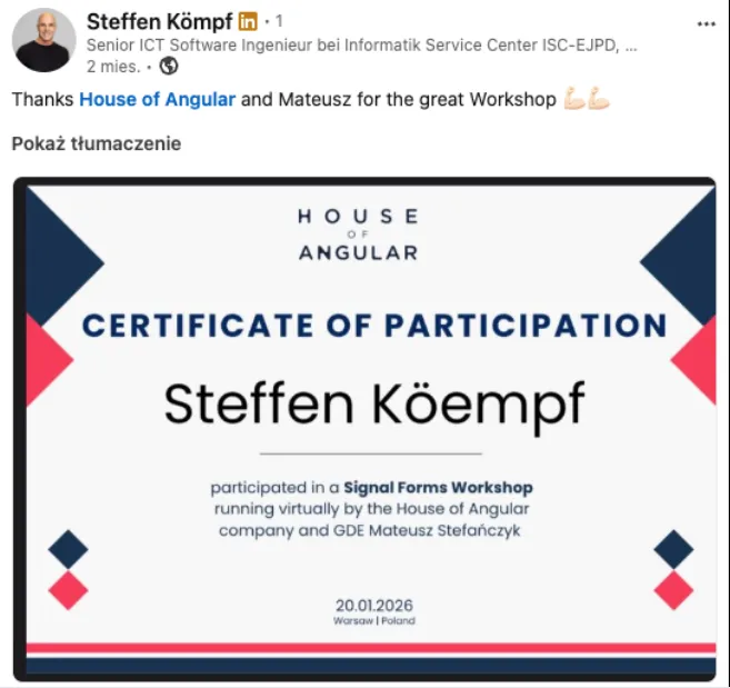 LinkedIn post by Steffen Kömpf with his House of Angular certificate of participation