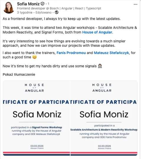 LinkedIn post by Sofia Moniz with her two House of Angular certificates of participation