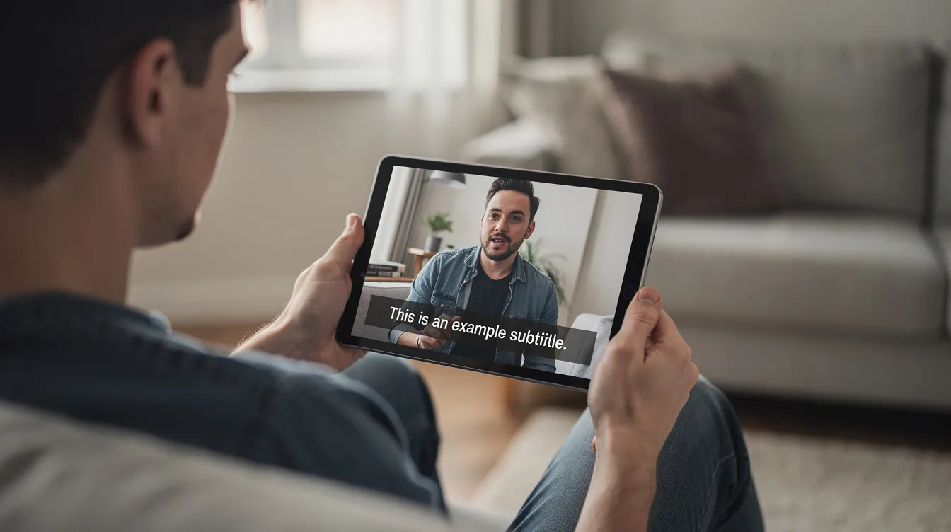 A person sitting comfortably while watching a captioned video on a tablet, demonstrating the importance of web accessibility for individuals with disabilities.