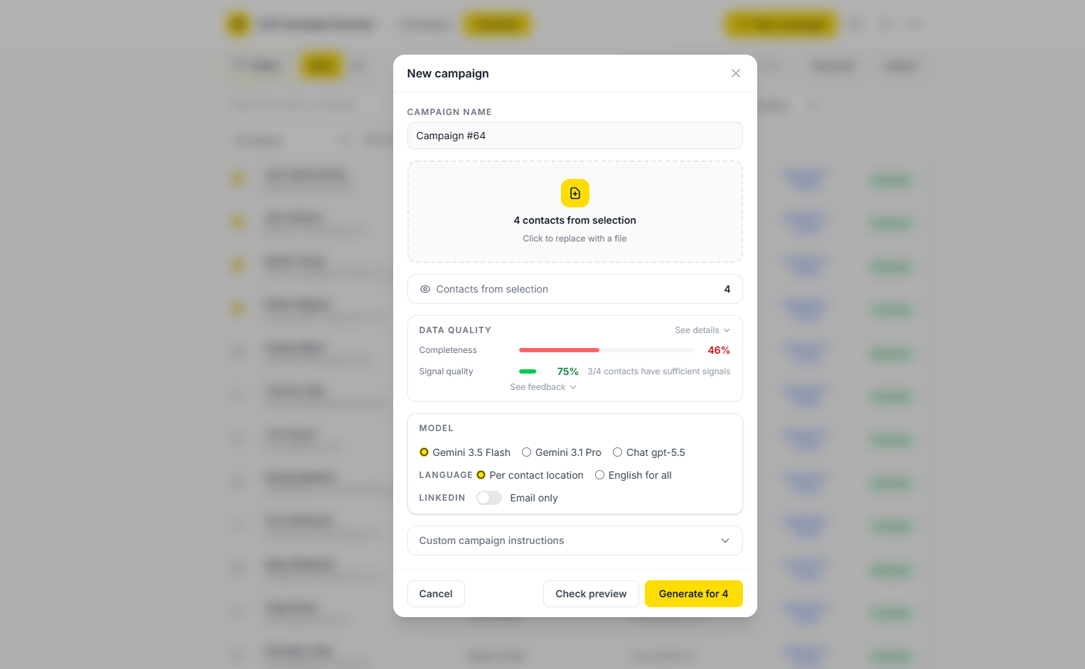 Campaign configuration before generation. The tool immediately shows data quality and completeness, lets you choose the model and language, and keeps LinkedIn disabled by default.