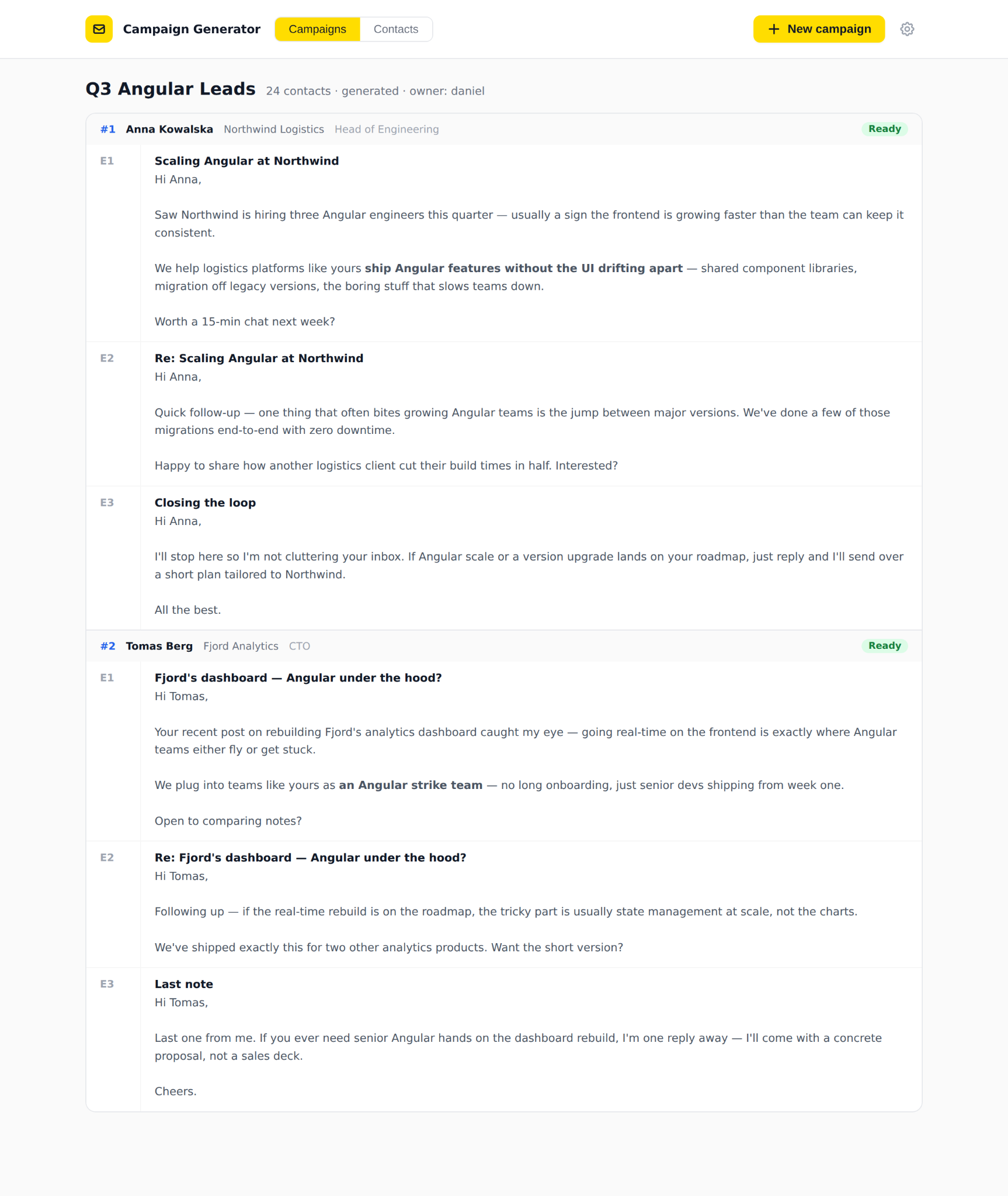 Generation results: ready-to-use, personalized sequences (E1/E2/E3) for each contact, editable directly in place. Sample data. Screen from an internal tool House of Angular built for our client with Claude Code.