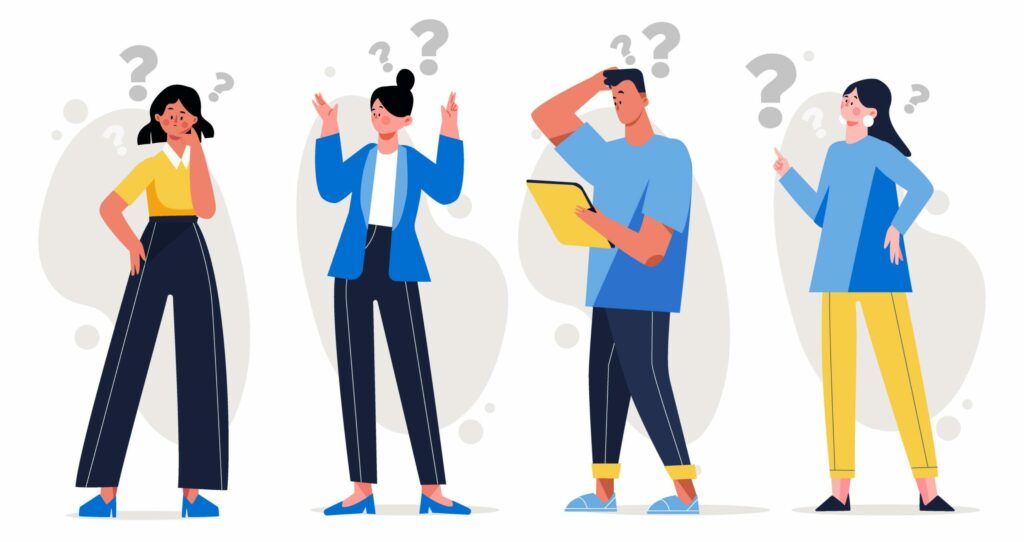 A group of people with question marks above their heads that mean brainstorming