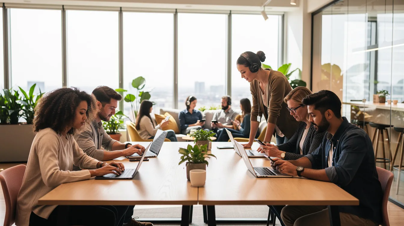 A diverse group of individuals is engaged with various digital devices, including laptops, tablets, and smartphones, in a brightly lit shared workspace. This scene emphasizes the importance of digital accessibility and the need for inclusive design to ensure equal access for all users, in line with web content accessibility guidelines (WCAG).