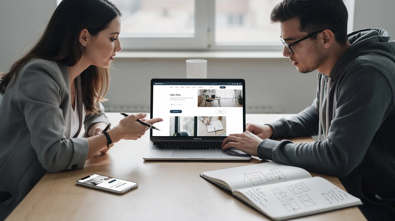 A designer and developer are collaborating on a laptop to review a web page, with a phone and notebook placed nearby. They are likely discussing web accessibility standards and the importance of meeting WCAG 2.1 success criteria to ensure equal access for users with disabilities.
