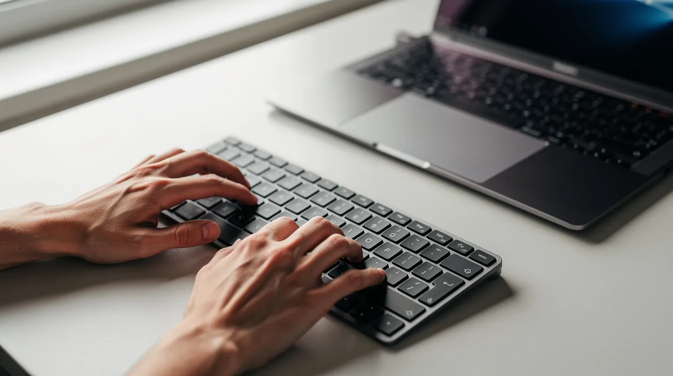 A close-up view of hands typing on a keyboard next to a laptop, highlighting the importance of accessibility in web content and the need for compliance with web accessibility standards. This image emphasizes the role of manual accessibility testing and automated tools in improving digital accessibility for all users, including those with visual impairments.