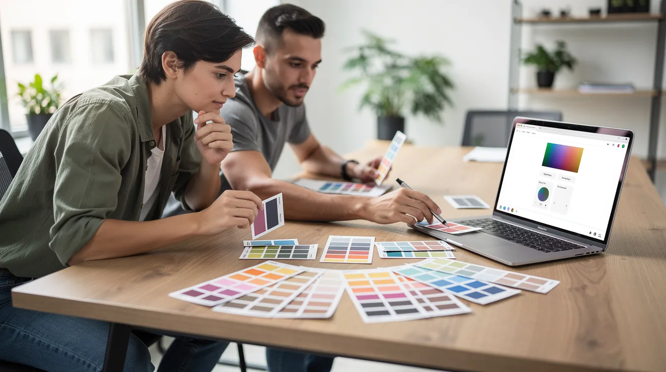 A designer and developer are reviewing various color samples on a desk next to a laptop, focusing on ensuring that their choices comply with web content accessibility guidelines to enhance digital accessibility for users with visual impairments. The scene highlights the importance of selecting colors that meet accessibility standards, which can help fix accessibility issues and improve the overall user experience.