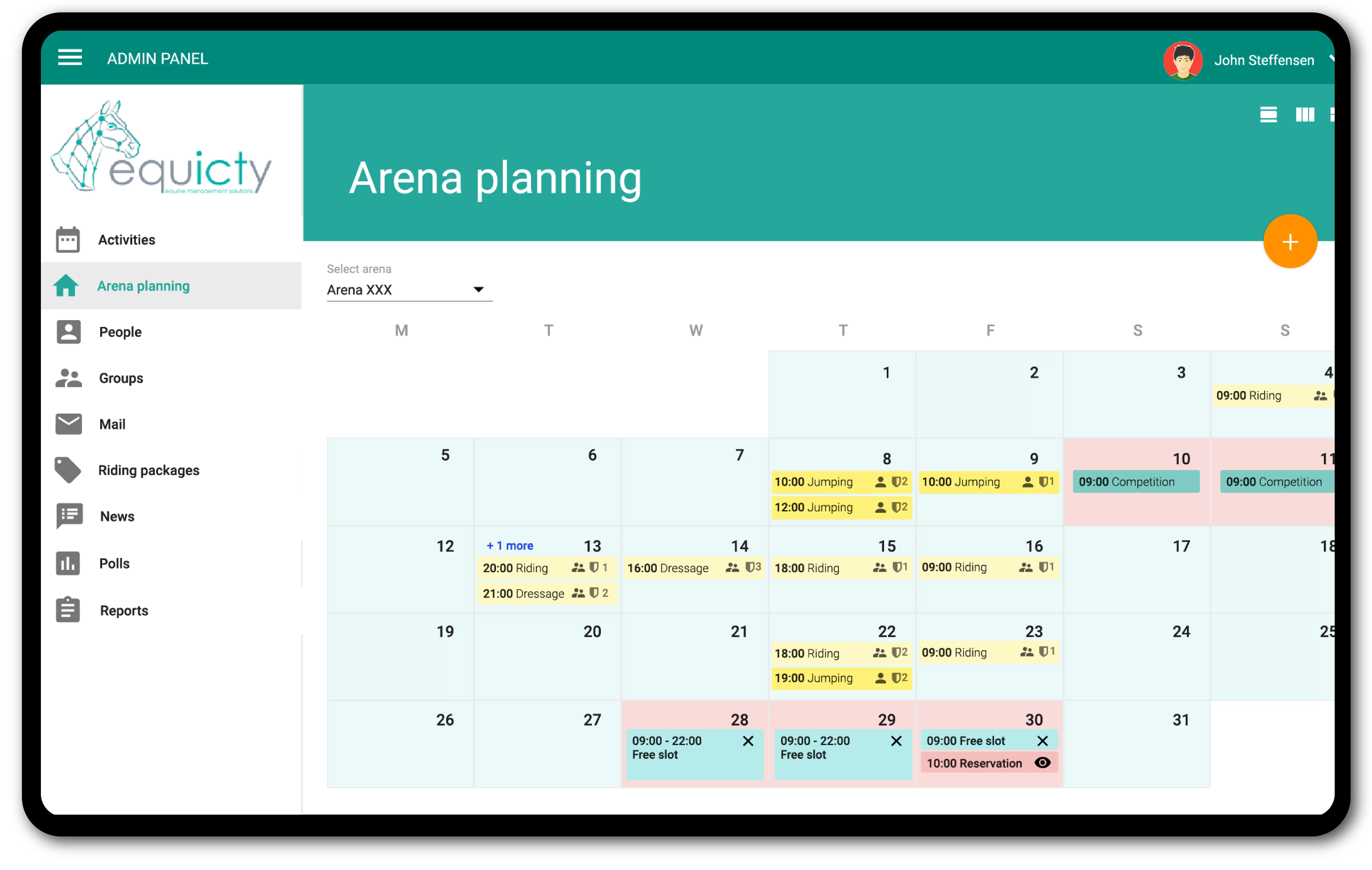 The arena planning tab where the calendar with the schedule of classes for particular arena can be seen