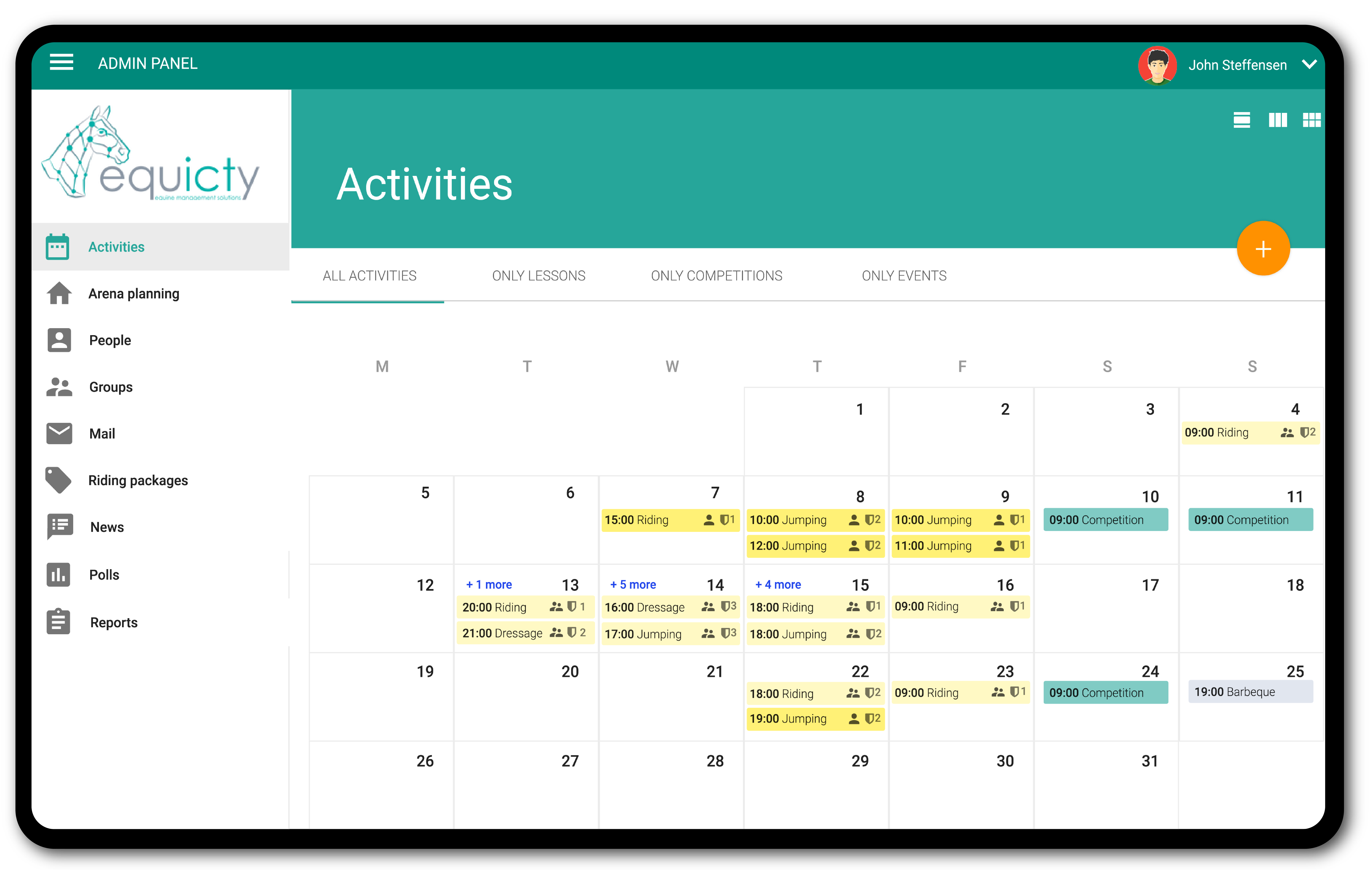 Activities tab with a monthly calendar view with planned activities for individual days