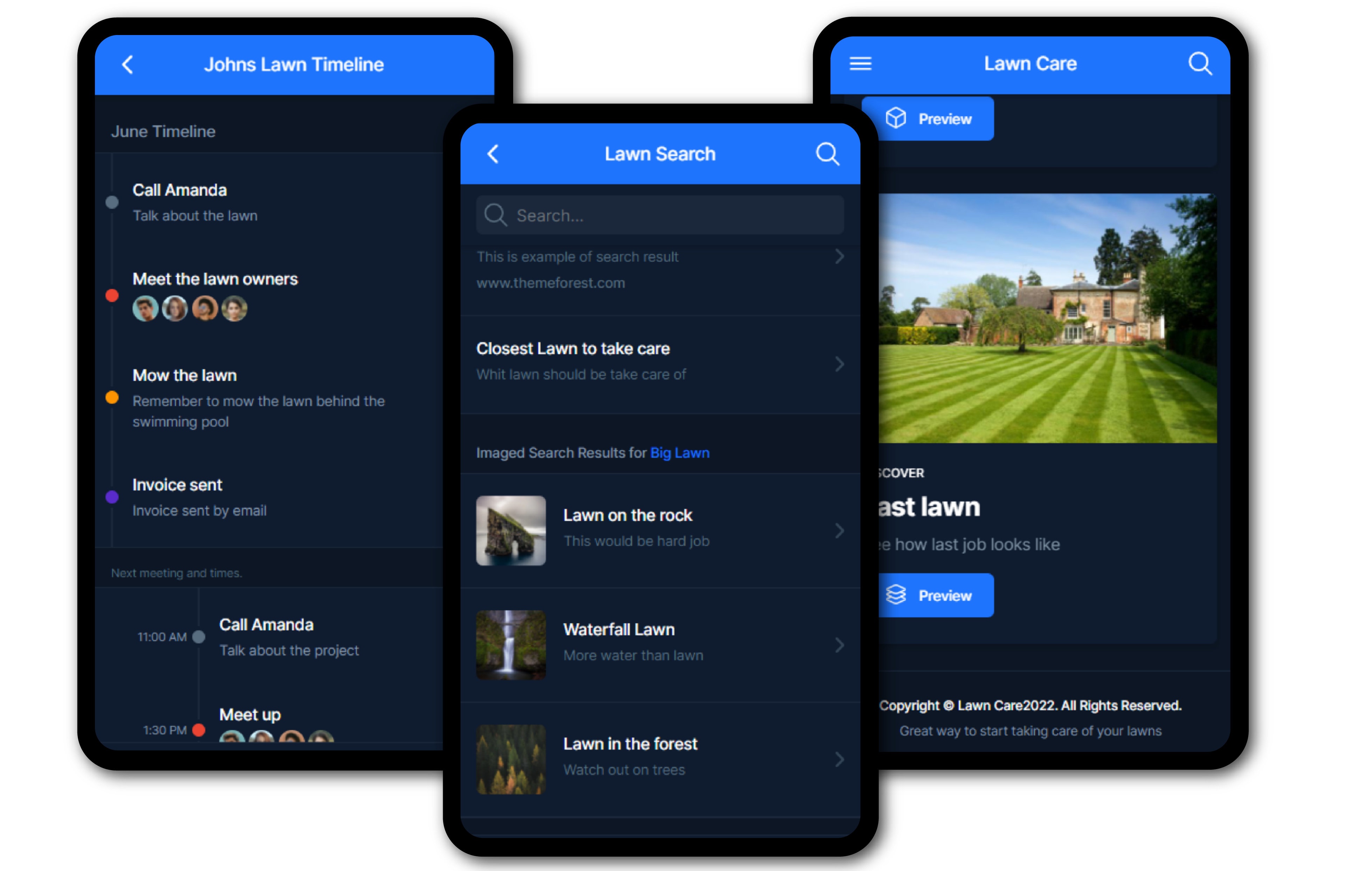 Three views from the mobile application showing: timeline, lawn search and discover
