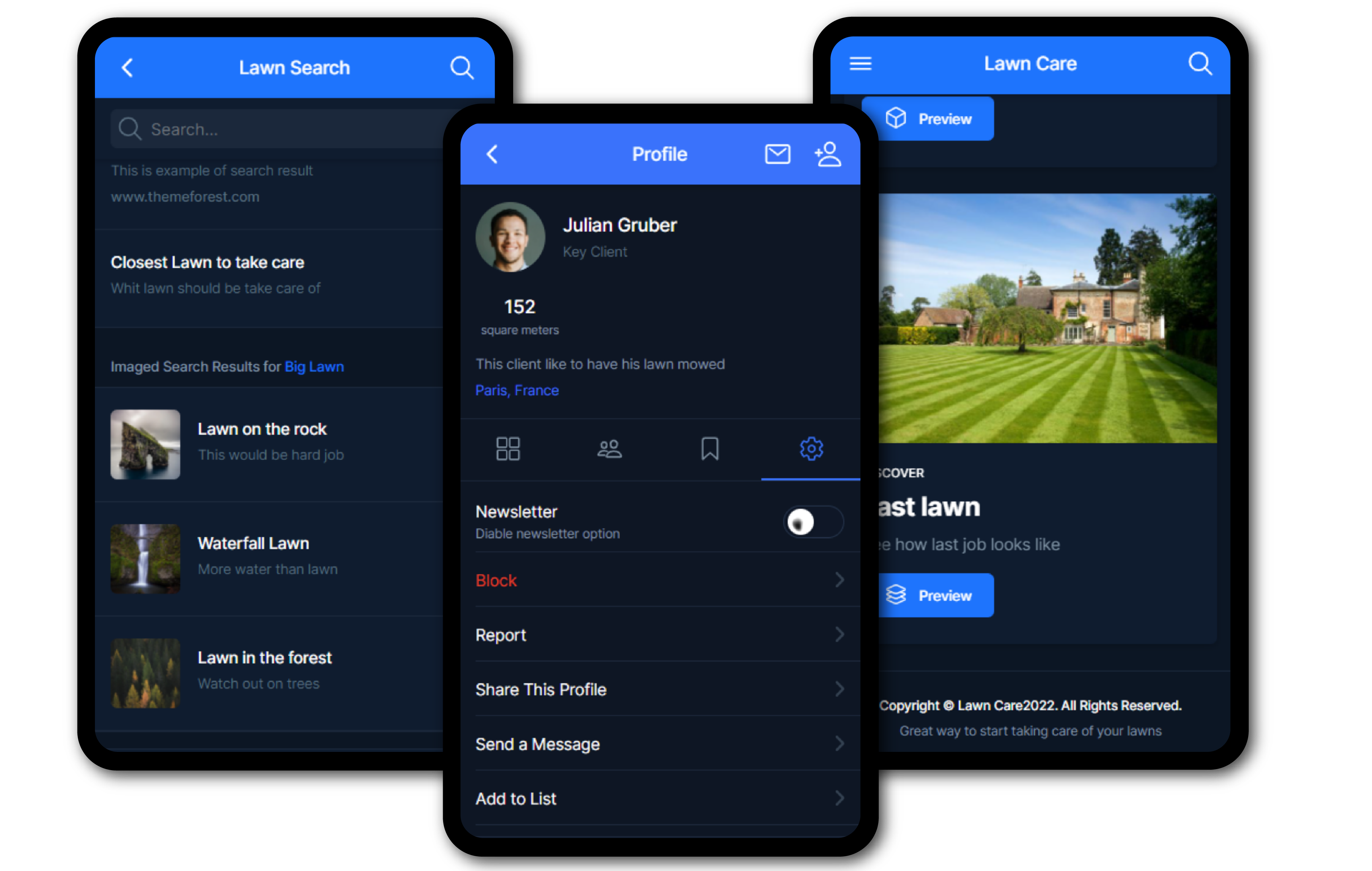 Three views from the mobile application: lawn search, user profile and discover tab