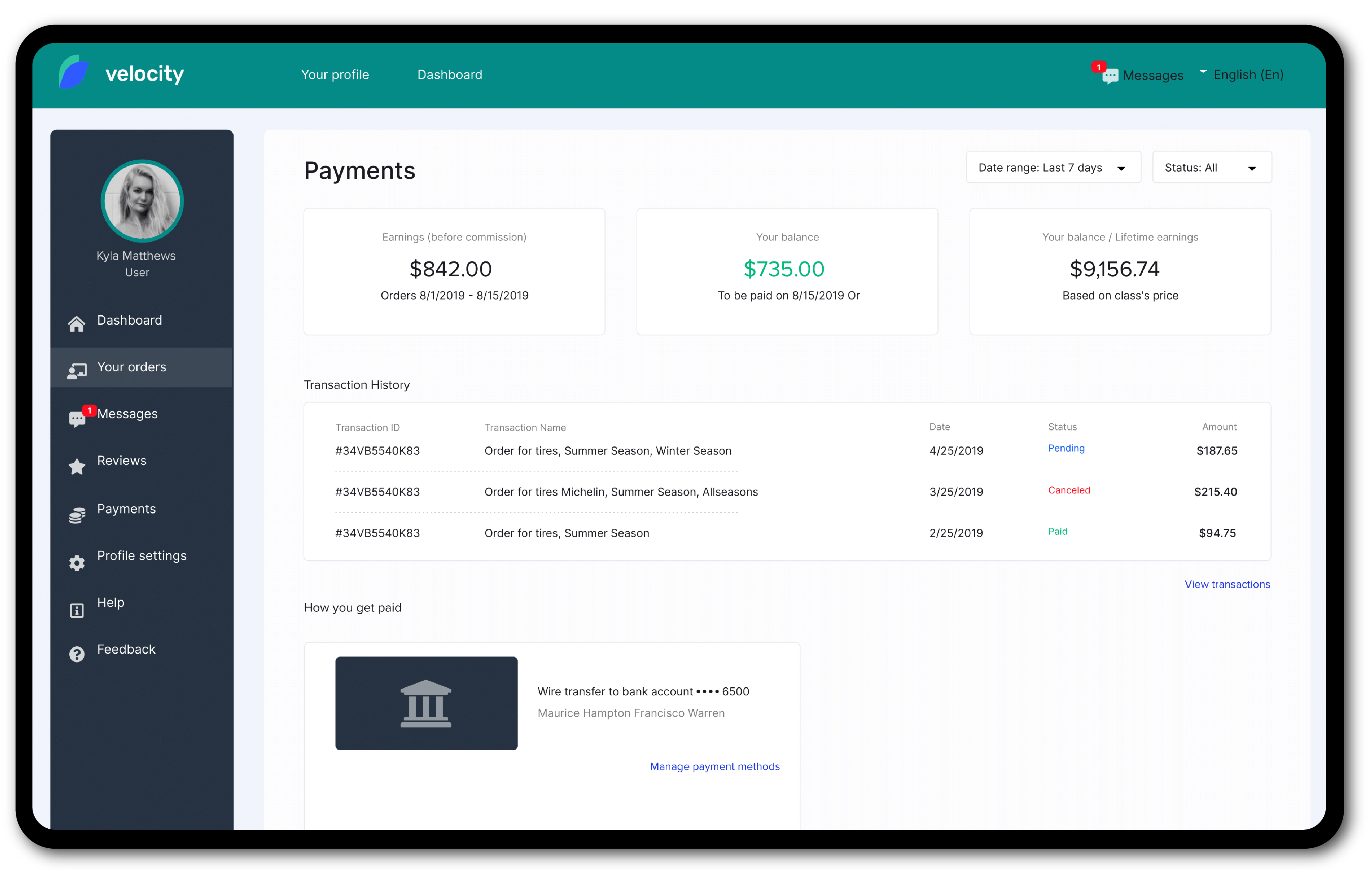 Payment panel showing account balance and sections: 'transaction history' and 'how you get paid'